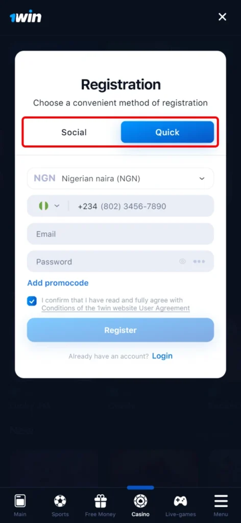 Choose your preferred method of registration on the 1Win.