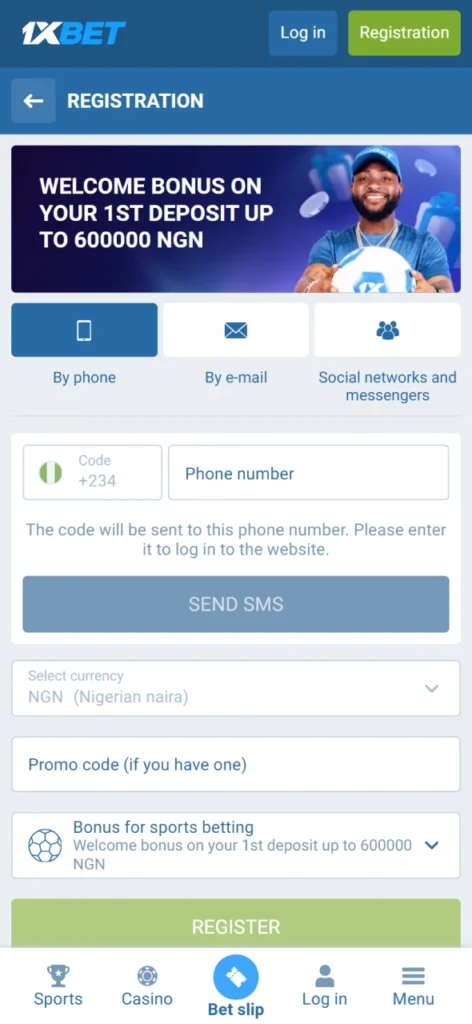 1xBet offers many easy ways to register.