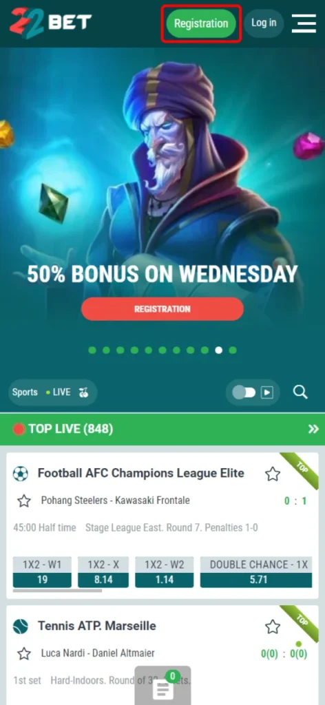 Find the registration button on the 22Bet page.