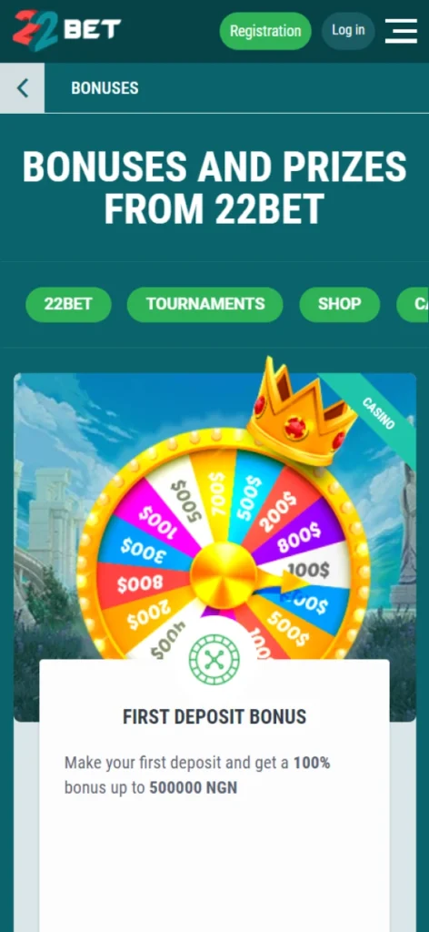 At 22Bet you can find various bonuses for sports betting and casino.