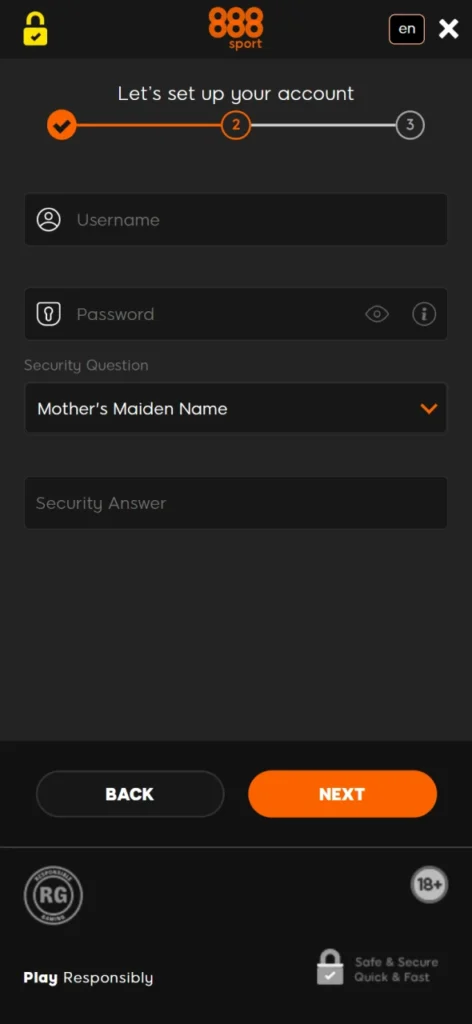 Create a strong password by registering at 888Sport.