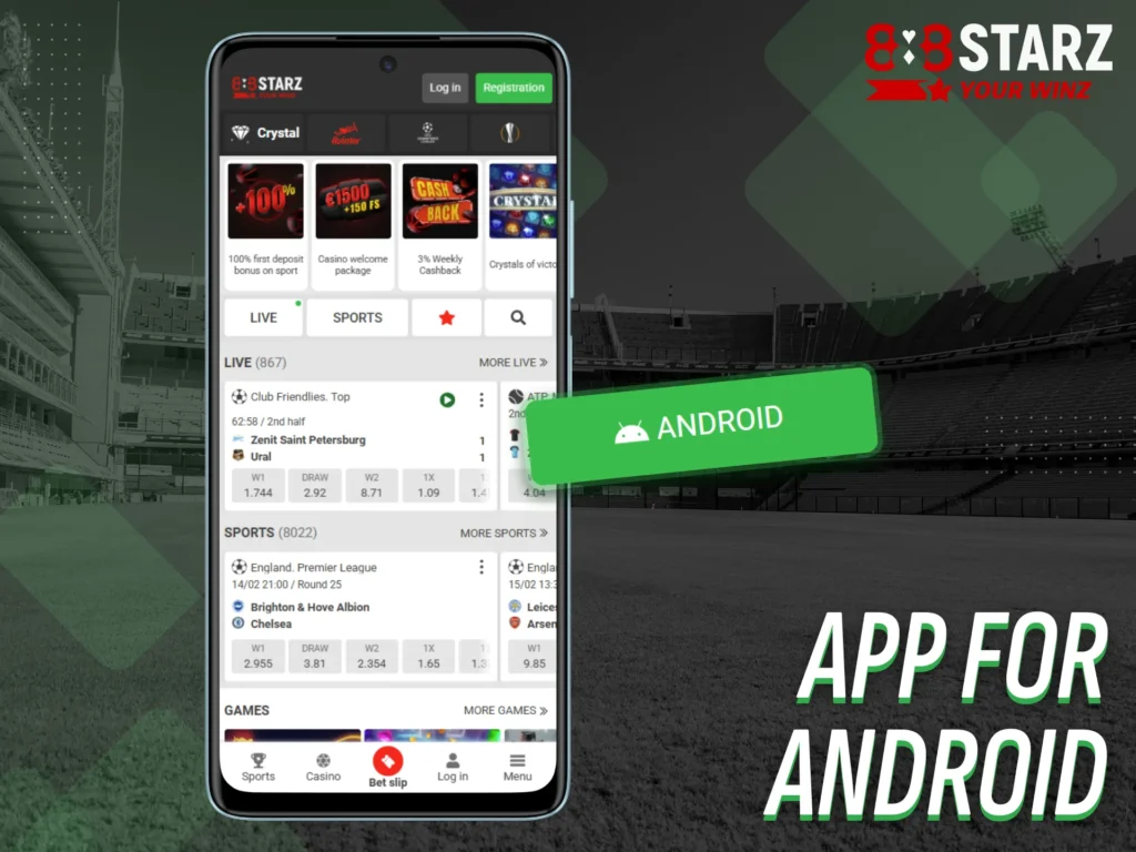 The 888starz mobile app for Android features various betting options.