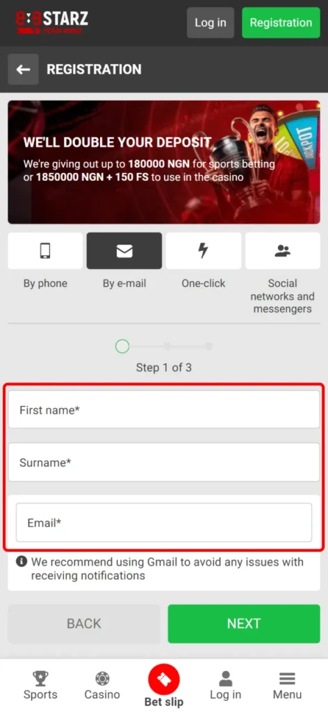Fill in the fields with your personal details to register at 888Starz.