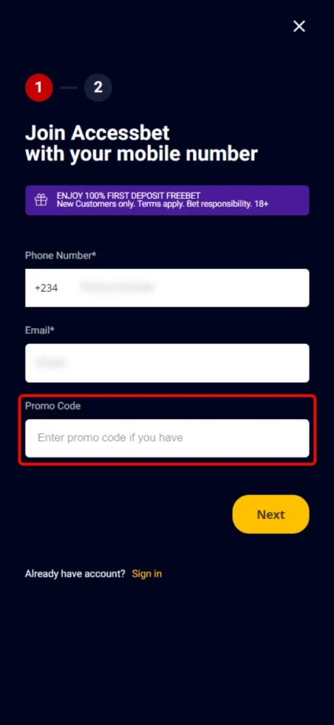 Apply the Accessbet promo code in the registration form.