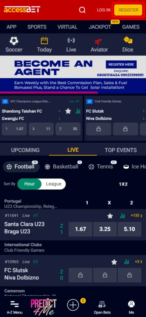 Click on the registration button on the Accessbet site.