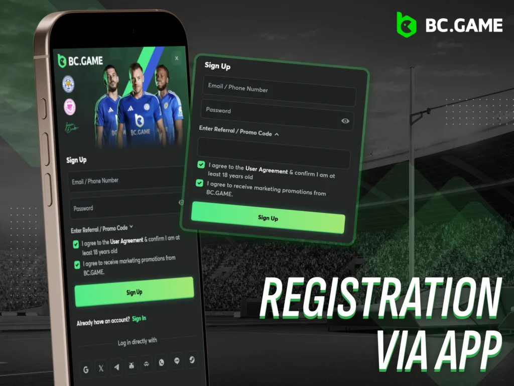 BC Game offers a seamless sign-up process through its mobile app.