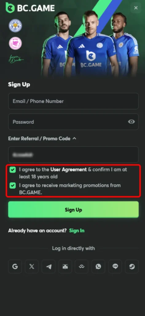 Confirm your age and agree to the terms on BC Game.