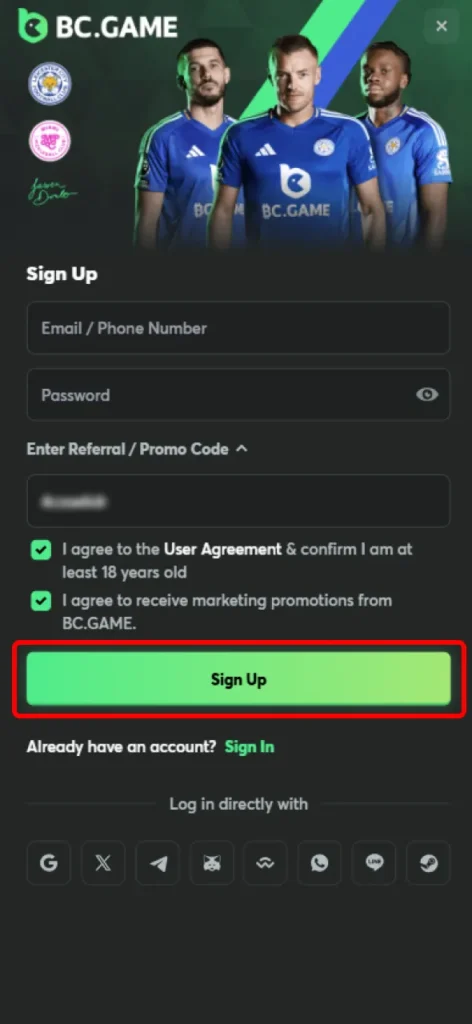 Complete the process by finalizing your sign-up at BC Game.