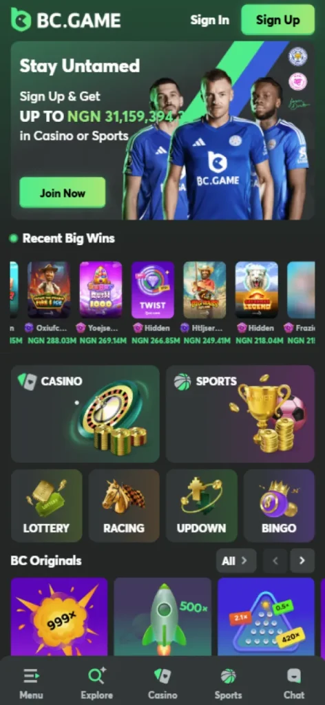 BC Game betting site in Nigeria has a well-designed main page.