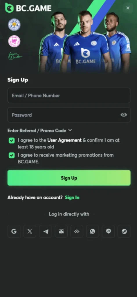 Registering on BC Game betting site is quick and effortless.