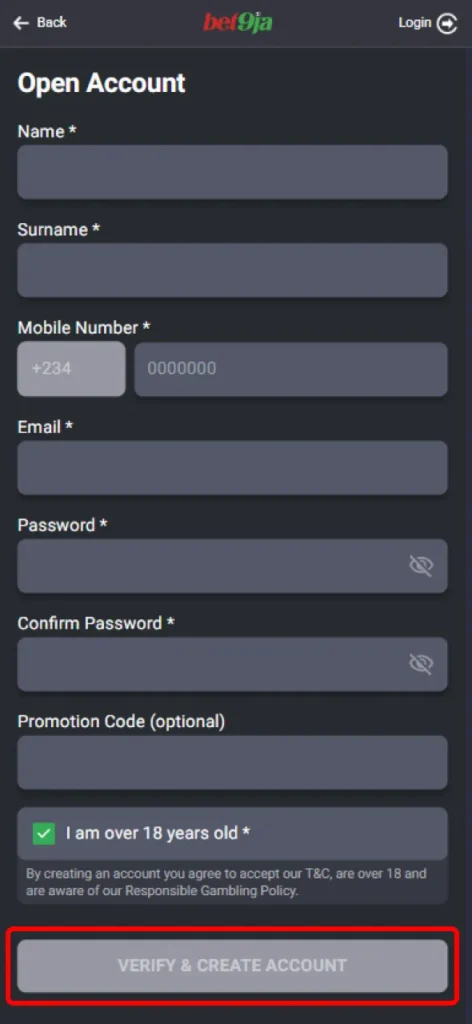 Finalize the process by clicking sign-up at Bet9Ja.