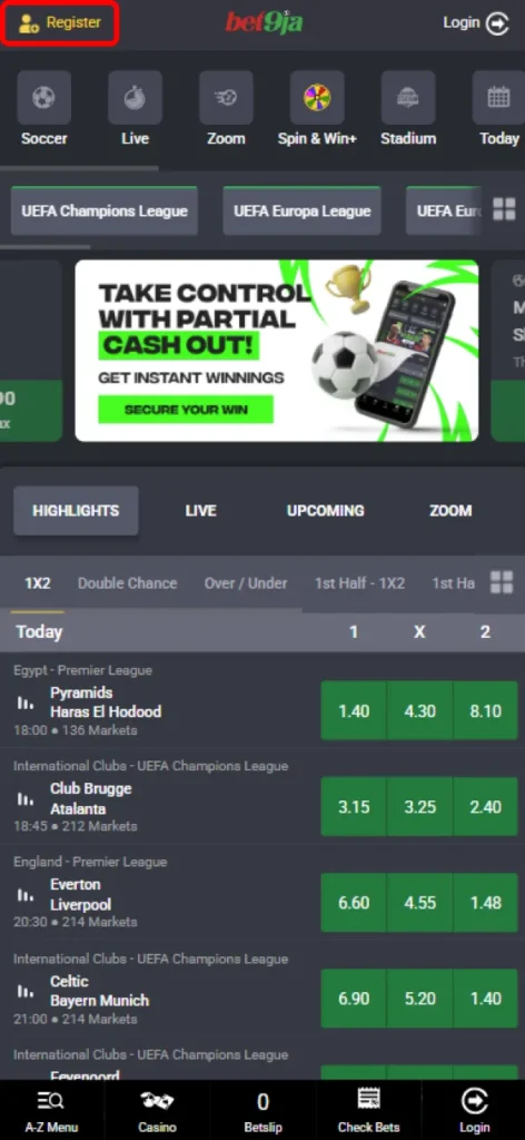 Press the sign-up button to begin registering at Bet9Ja.