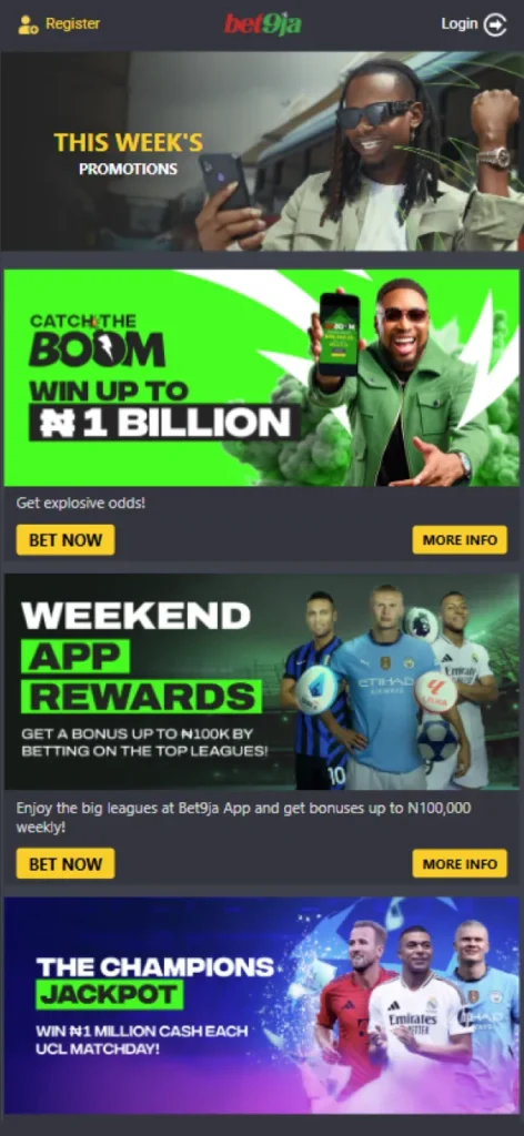 Bet9Ja betting site offers generous promotions for users in Nigeria.