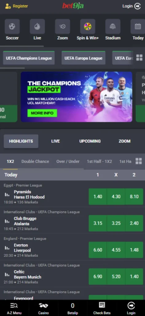 Bet9Ja betting platform in Nigeria features a user-friendly main page.