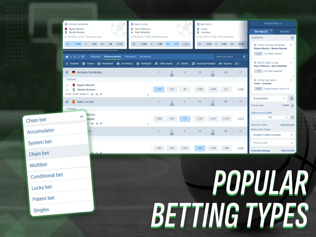 The most common forms of wagering in Nigeria's online sports betting market.