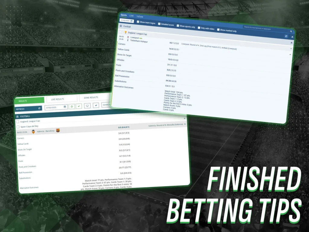 Completed betting predictions are for matches that have been concluded.