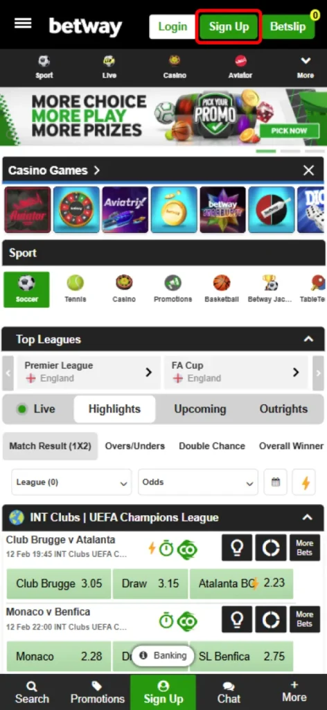 Begin your registration by pressing the sign-up button on Betway.
