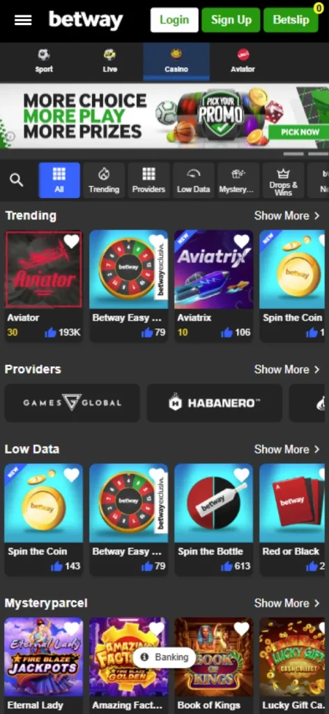 Betway betting site includes numerous exciting casino game options.