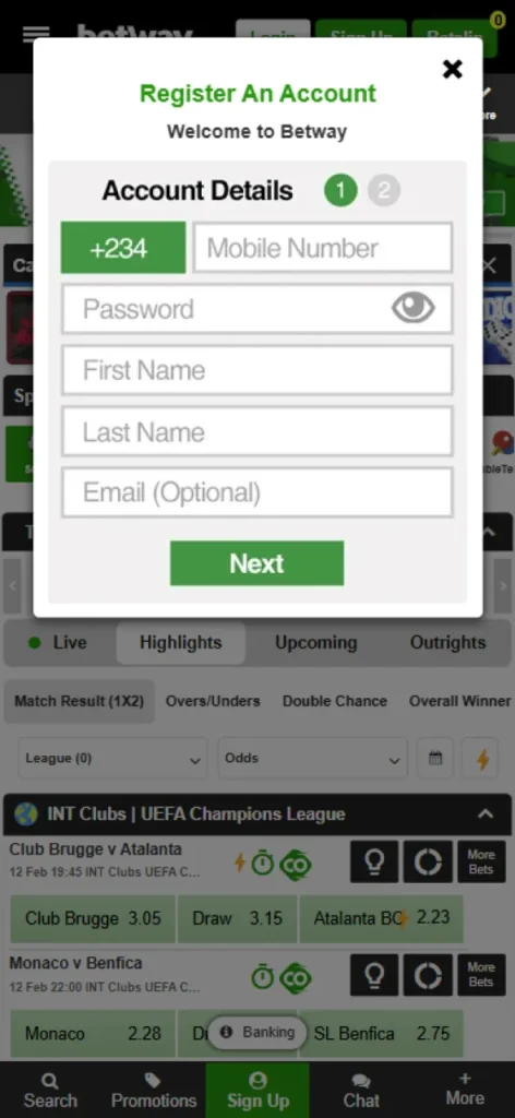 Creating an account on Betway is quick and hassle-free.