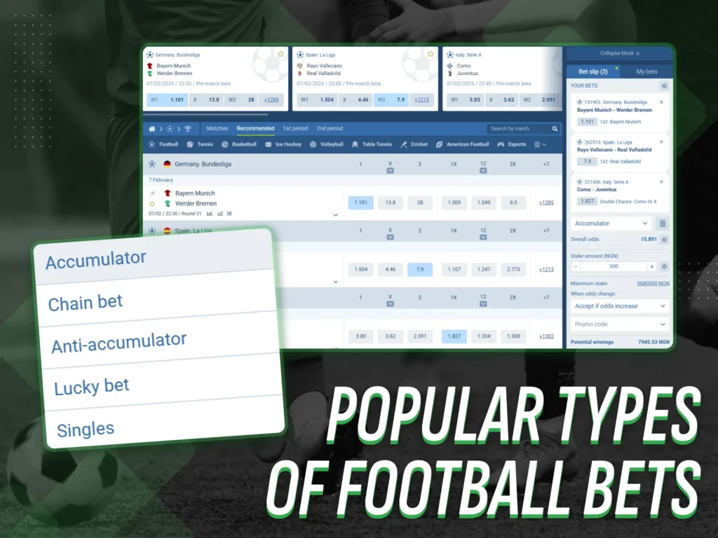 The most common types of football betting in Nigeria.