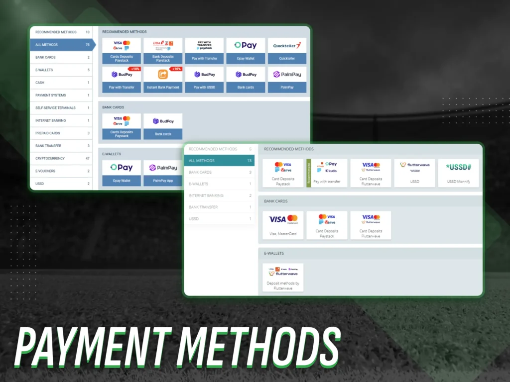 Payment methods on the online betting platform.