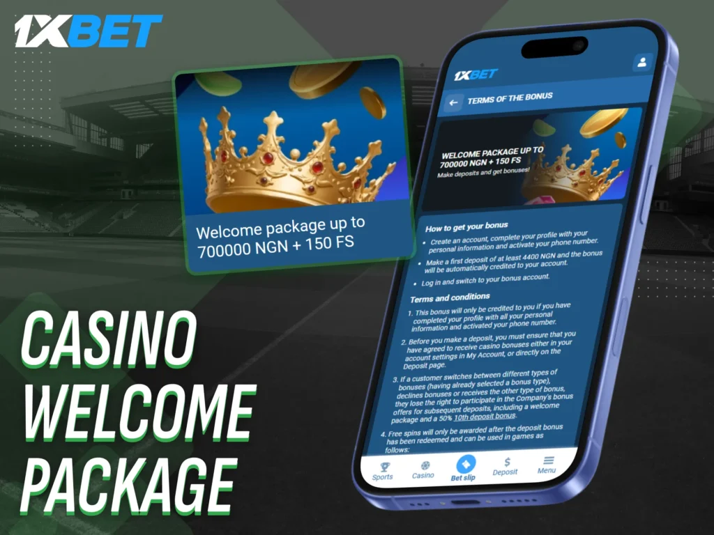 Get started with a generous casino welcome package from 1xbet app Nigeria.