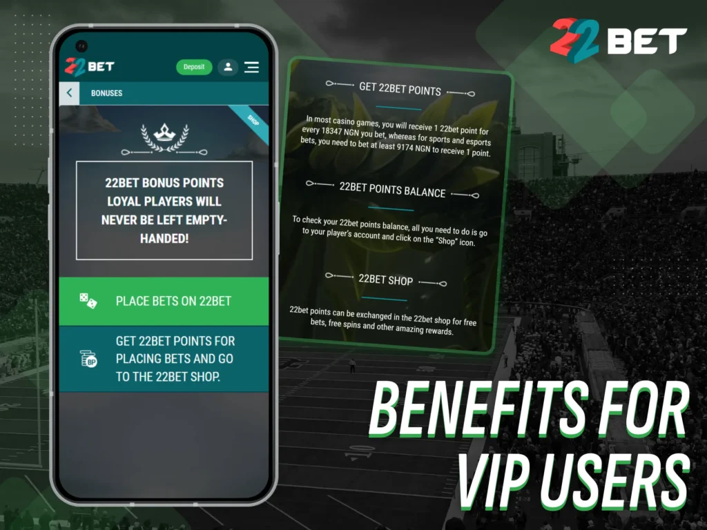 Unlock premium benefits as a VIP user on 22bet app Nigeria.