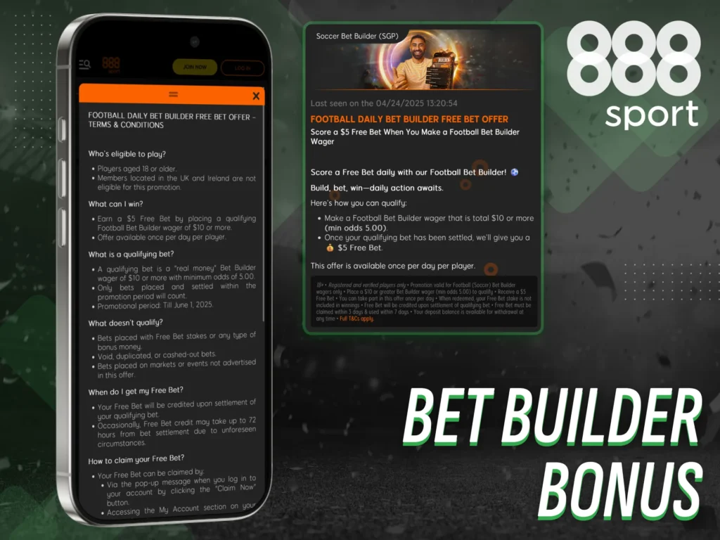 Use the Bet Builder bonus to customize your bets on 888sport app.