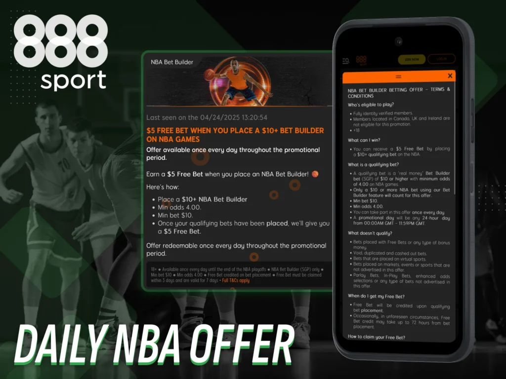 Take advantage of the daily NBA offer available on 888sport app.
