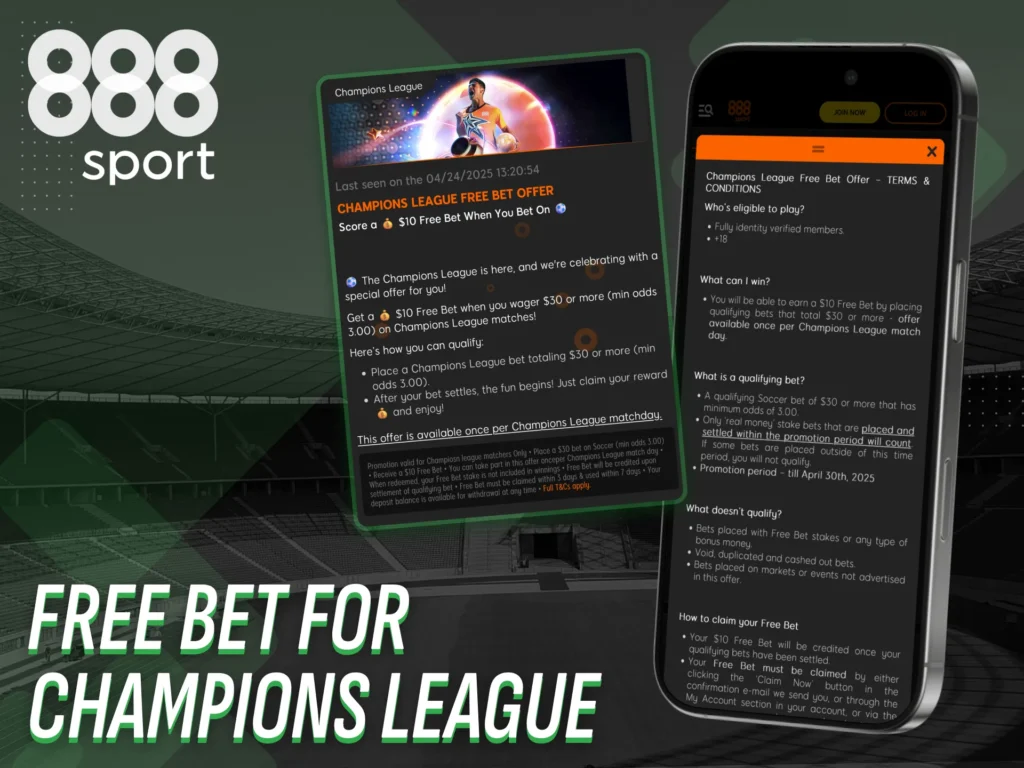 Get a free bet for the Champions League with 888sport app.