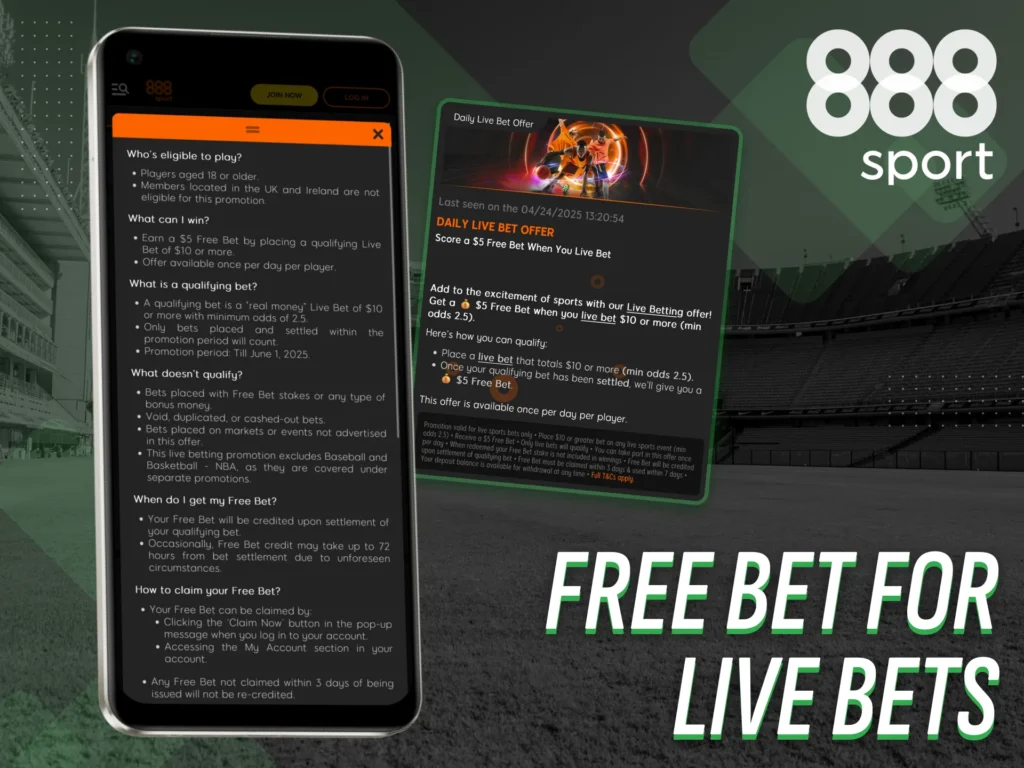 Receive a free bet for live events on 888sport app Nigeria.