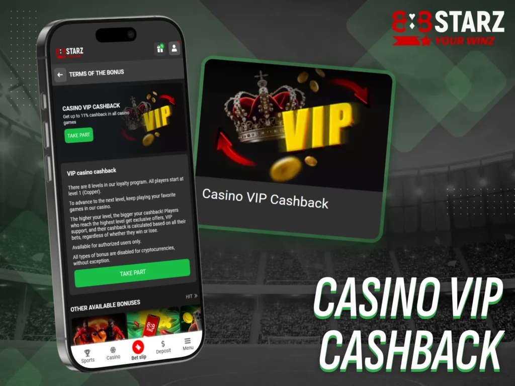 Enjoy VIP cashback offers for casino games in 888starz app.