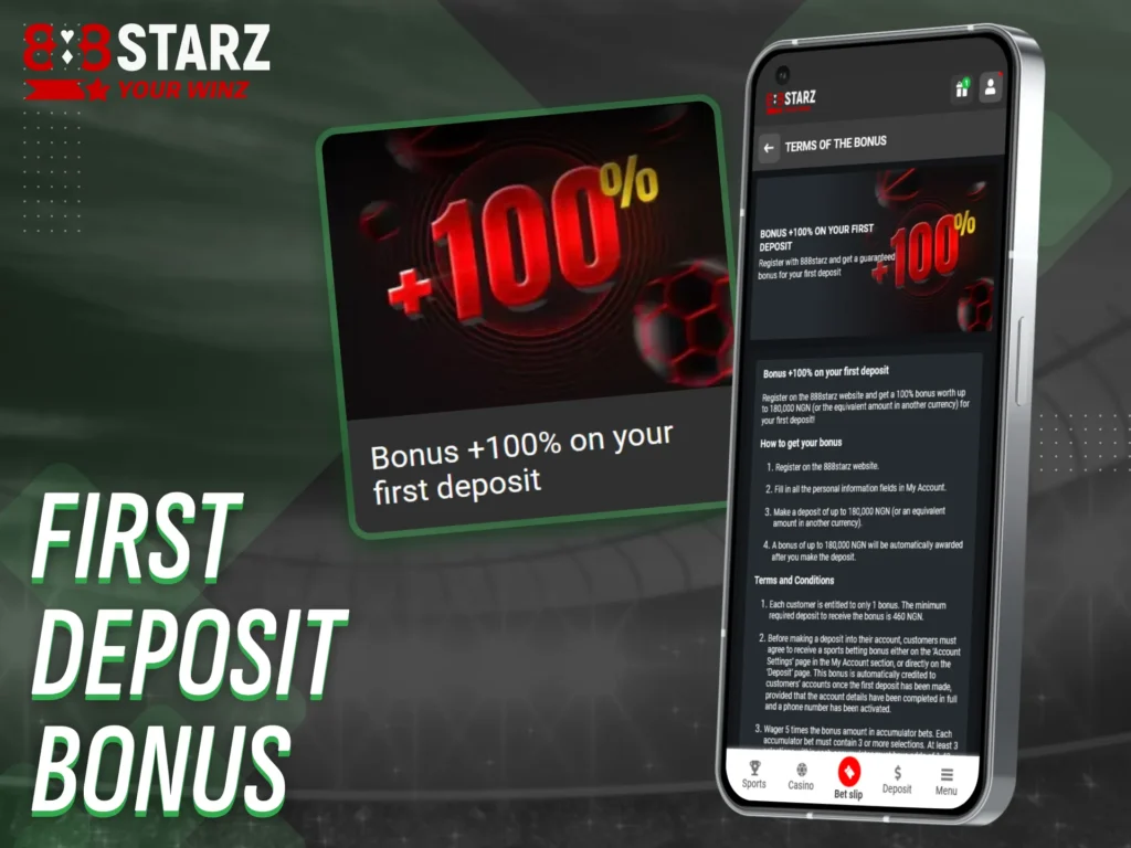 Receive a first deposit bonus when joining 888starz app Nigeria.