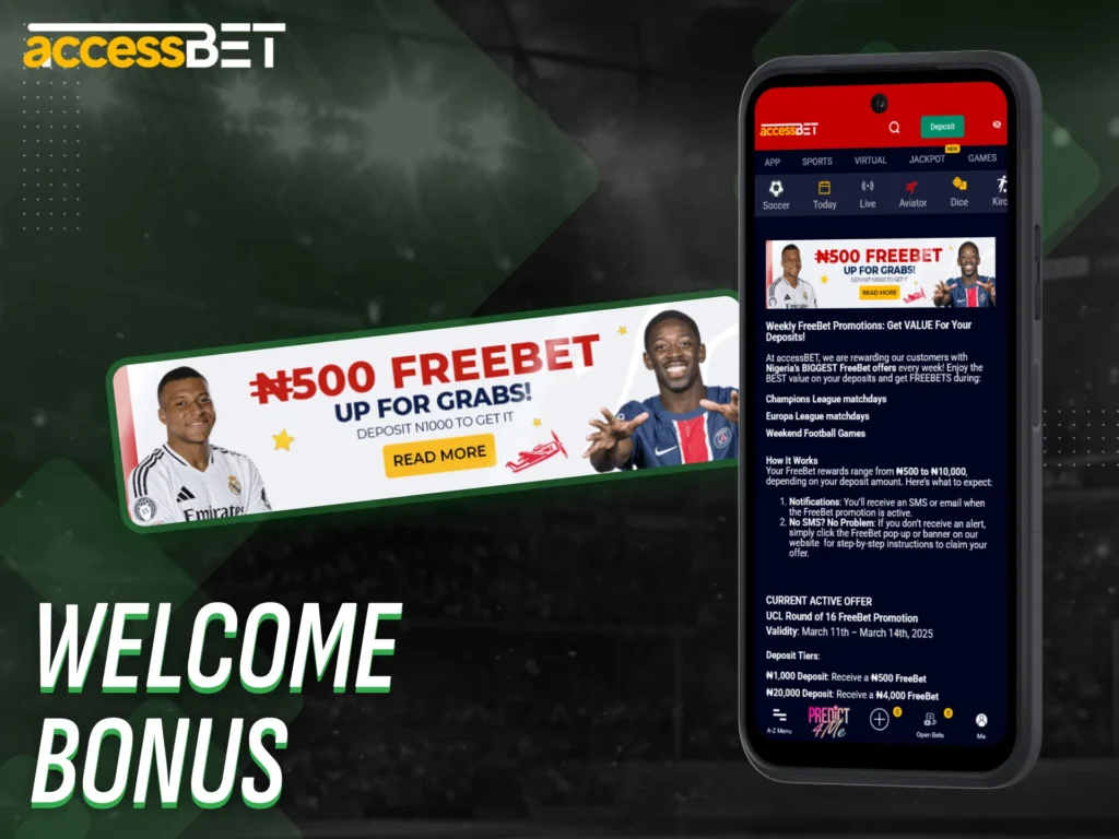 Claim a welcome bonus after registering with AccessBet app in Nigeria.