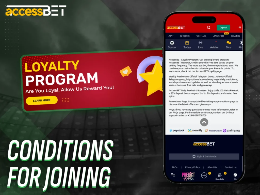 Review the conditions to join AccessBet’s VIP program in app.