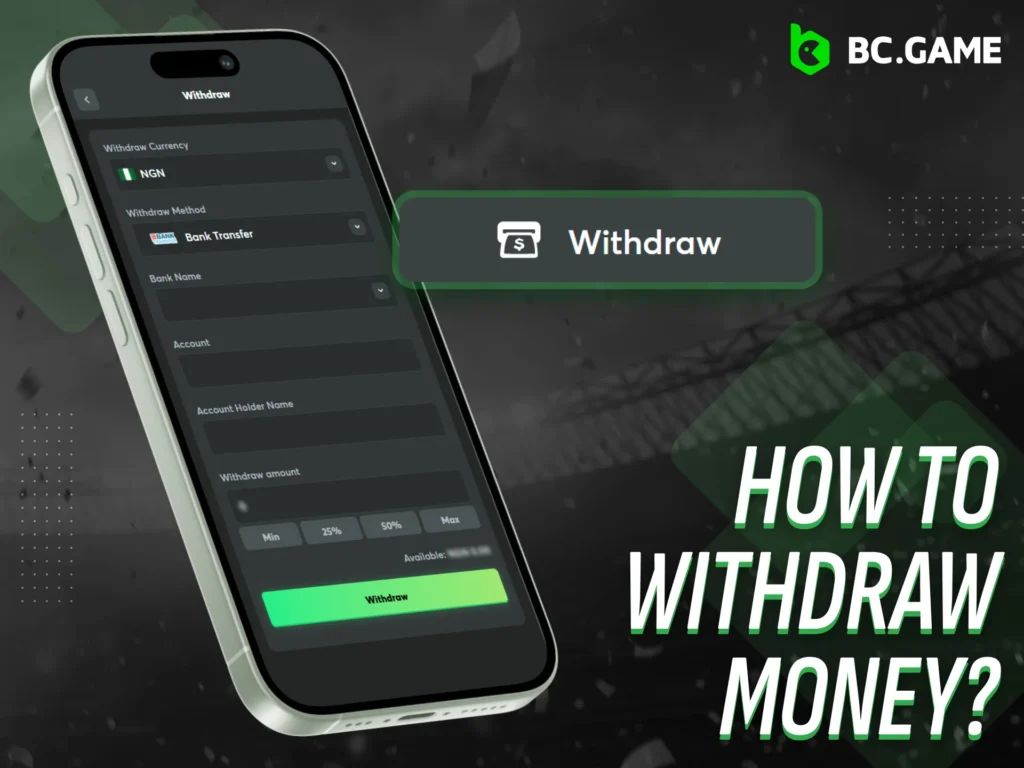 Withdraw your BC Game winnings quickly and securely in mobile app.
